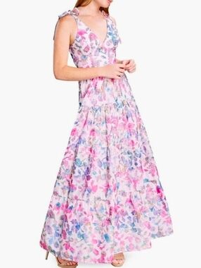 Dress The Population Floral Tie-Shoulder V-Neck Maxi Dress in Pink Multi